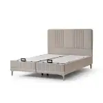 Lit plateforme beige avec rangement et matelas sans contour.