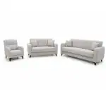 Canapé chaise longue et fauteuils modernes Tolido en tissu gris clair.